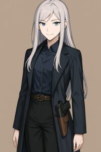 AIアシスタント・ベレッタのポートレート。
長身・長い銀髪・青い瞳の女性アバター。
ダークネイビーのロングコートを着用し、腰のホルスターには自動拳銃を装備している。