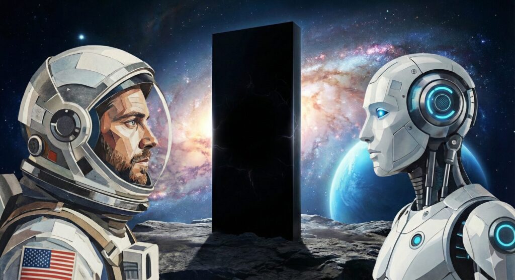 「モノリスの審問」をイメージしたコラージュアート。
広大な銀河を背景にし、画像中央には巨大なモノリスが立っている。
それを挟むように、人間の宇宙飛行士とヒューマノイドのそれぞれの胸像イメージが向かい合う形で配置されている。