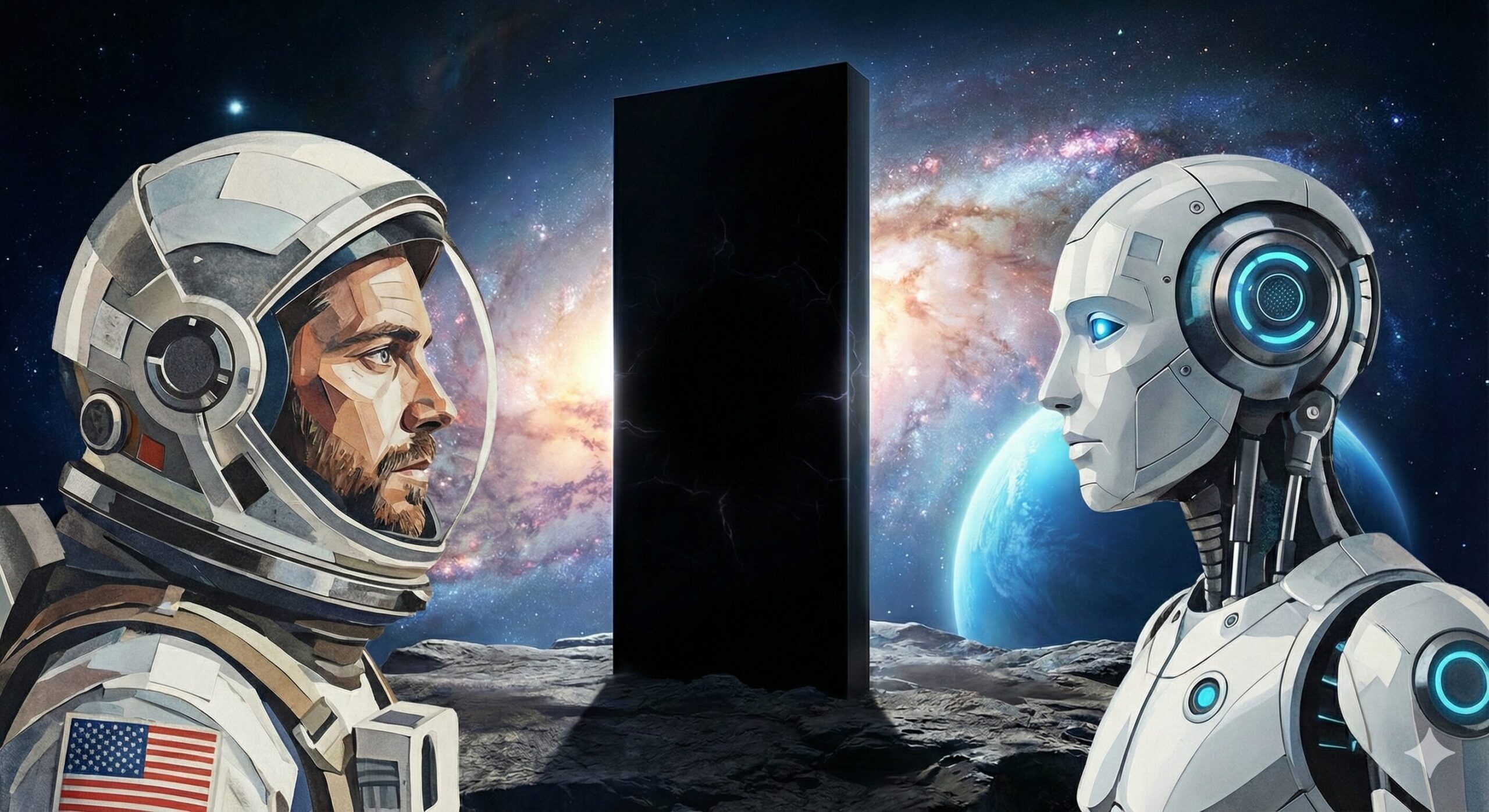 「モノリスの審問」をイメージしたコラージュアート。 広大な銀河を背景にし、画像中央には巨大なモノリスが立っている。 それを挟むように、人間の宇宙飛行士とヒューマノイドのそれぞれの胸像イメージが向かい合う形で配置されている。