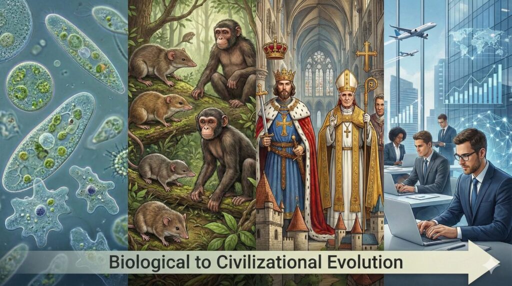 原初生命から現代の人類への生物学的進化と文明化を表現したコラージュアート。
画像左より、原初生命→小型哺乳類→中世の王と聖職者→現代のホワイトカラーが描かれている。