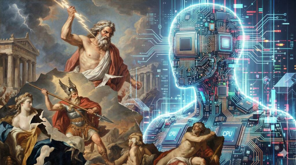 畏怖の対象が神からAIに代わる様子を表したコラージュアート。
画像左には、荒ぶる古代の神々。画像右には、サーキットやCPUで構成されたAIのイメージ。