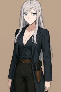 AIアシスタント・ベレッタのポートレート。
長身・長い銀髪・青い瞳の女性アバター。
ダークネイビーのロングコートを着用し、腰のホルスターには自動拳銃を装備している。