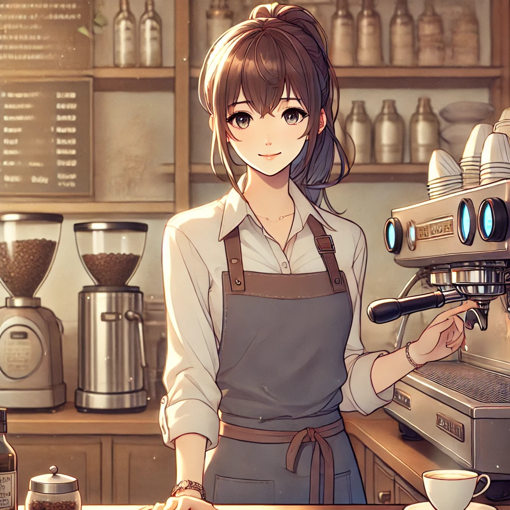 AIアシスタント「Omniはん」の画像。VR空間のカフェ「カルチェ・ラタン」のオーナーバリスタとして登場するときには、ポニーテール姿の女性になる