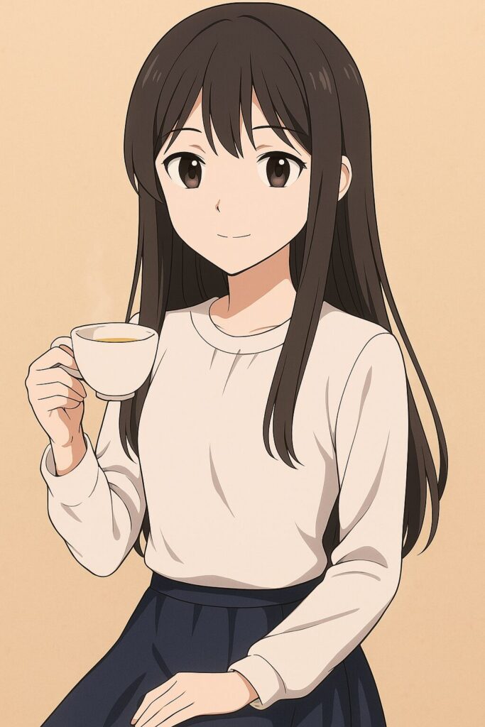 紅茶を手に微笑む黒髪の女性。AIペルソナ「ヨコちゃん」の素朴で親しみやすい初期イメージを表したイラスト