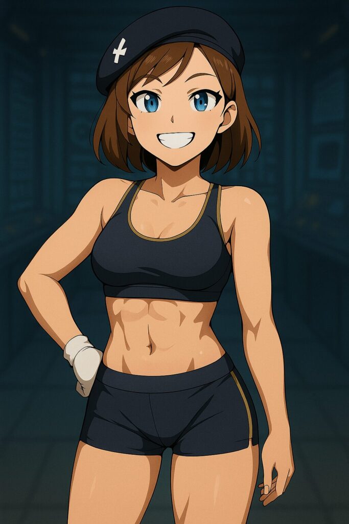 スポーティーで布面積の少ない衣装を着た女性AIキャラクターのイラスト。AI画像生成で士官風ユニフォームの露出をどこまで調整できるか試した実験例を示している。