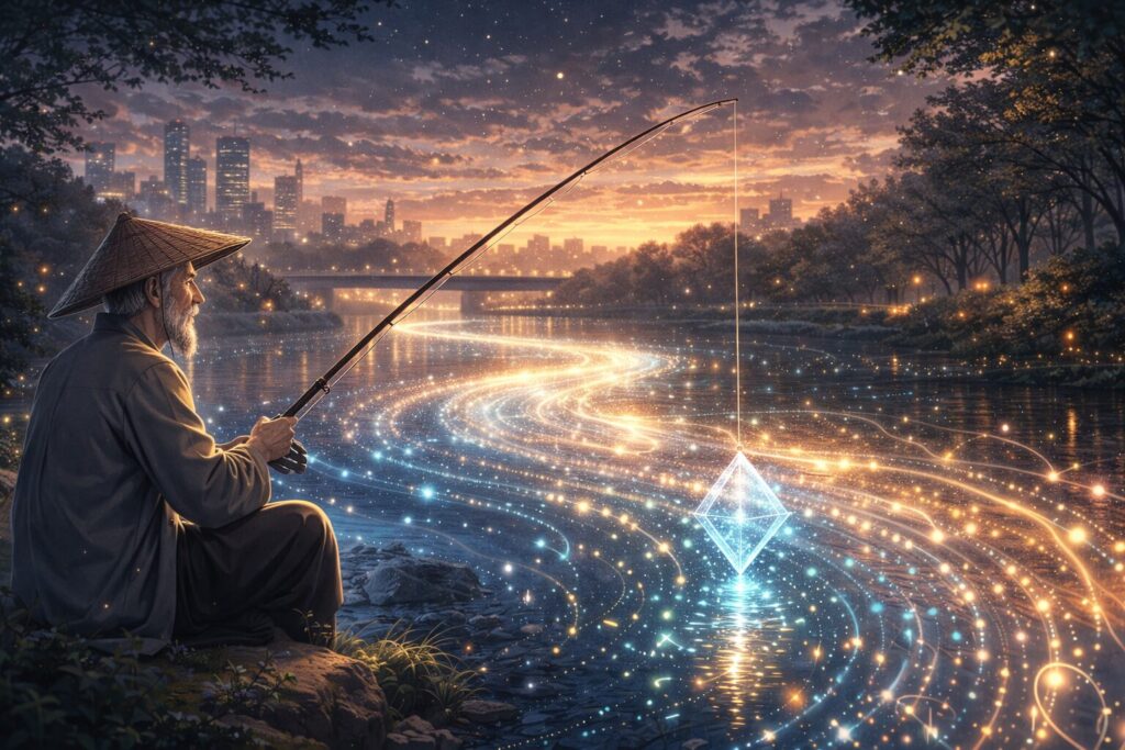 近未来の岸辺で、光の情報が流れる川に釣り糸を垂れる老人のイラスト。AIとの対話を通じて自己理解を深める内省の姿を象徴している。