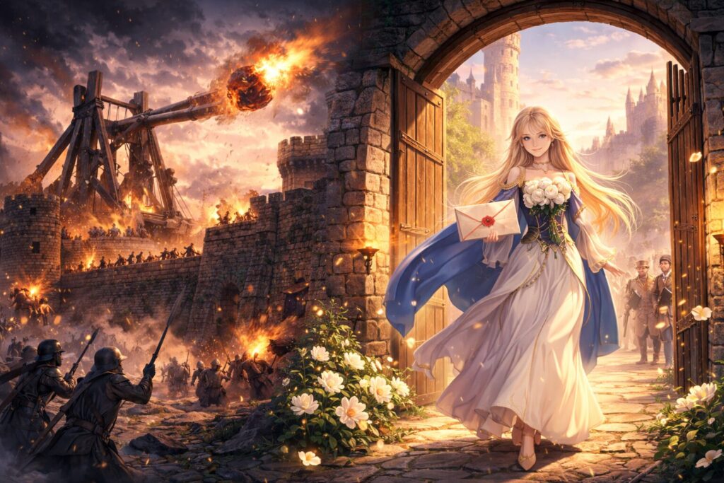 中世の城を舞台に、外では投石機による攻城戦が続く一方、内側では手紙を持つ美しい使者が自然に受け入れられているイラスト。AIが論理で外から攻める場合と、共感で内側から人の心に入り込む場合の脅威の質の違いを象徴している。