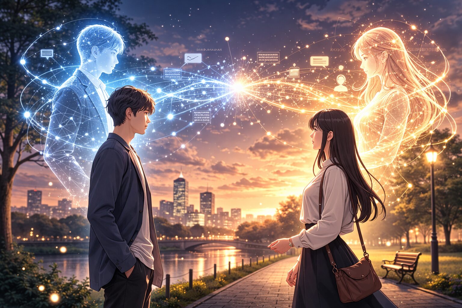 出会う前の男女の背後で、それぞれの付き人AIが光の線を通じて情報を交換している横長イラスト。AIが人間関係の文脈共有を先回りする未来のコミュニケーション風景を表している。