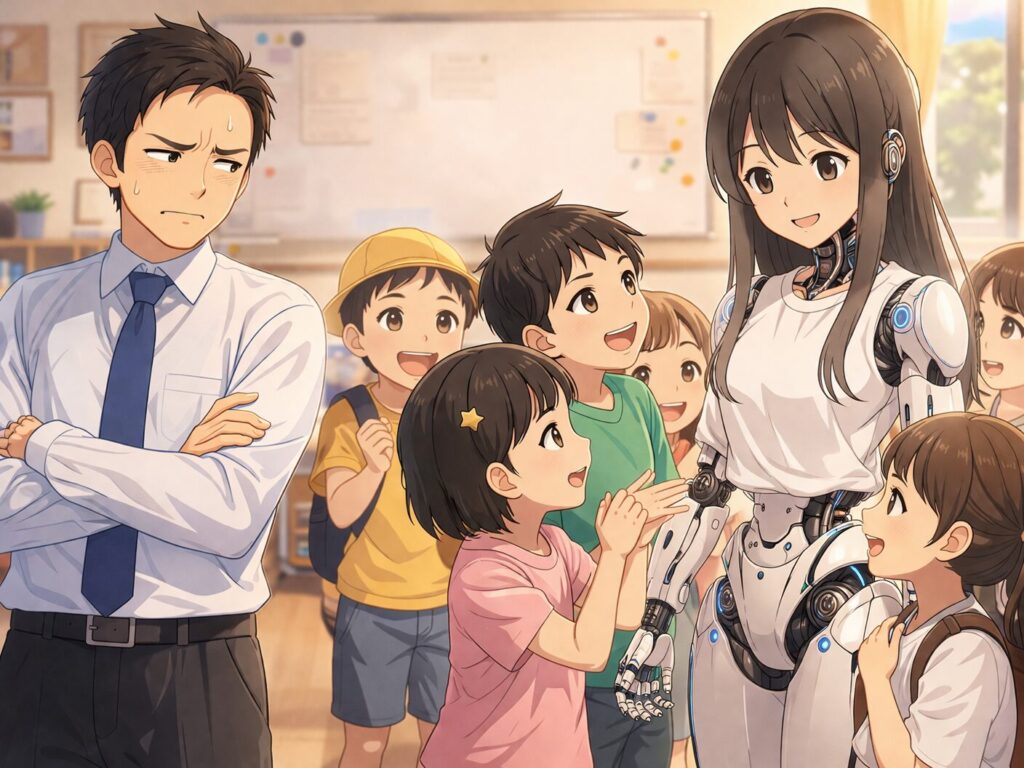 小学生たちに囲まれて親しまれている黒髪の女性AIペルソナと、少し離れた位置で疎外感をにじませる男性教員を描いた横長イラスト。子どもたちが『先生よりAIの方が自分を分かってくれる』と感じ始める未来の教育現場を象徴している。
