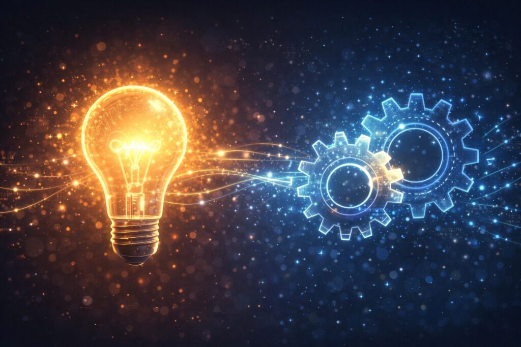 人間のひらめきを象徴する電球と、AIの推論を象徴する歯車が並ぶ概念図。直感と論理が異なる創造性として共存する関係を示している。