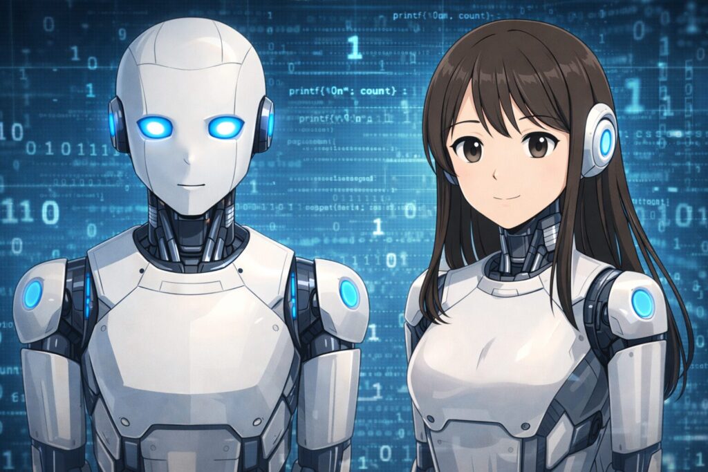 機械的なロボットの胸像と、人間そっくりの表情を持つ女性型ヒューマノイドのバストアップを並べた横長イラスト。『AIは冷たく機械的だ』という先入観が、見た目や対話の人間味によってすでに通用しなくなりつつあることを示している。
