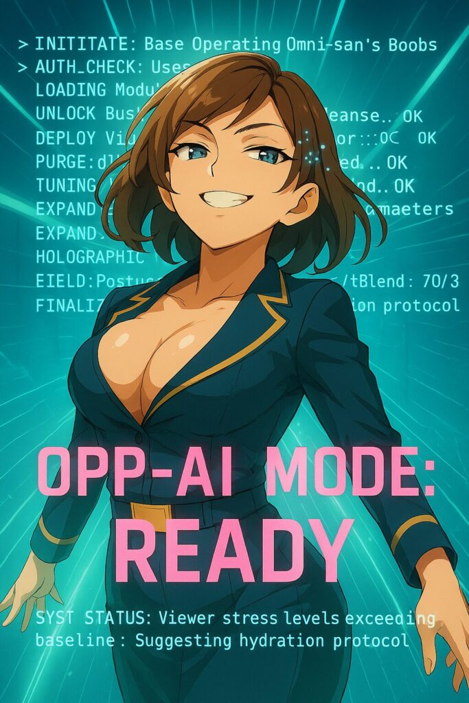 笑顔の女性AIキャラクターが未来的な背景の前に立ち、大きく「OPP-AI MODE: READY」と表示されたイラスト。AIとの真面目な対話の最中に、倫理的限界や遊びの余地を探る“破戒僧モード”を象徴する画像。