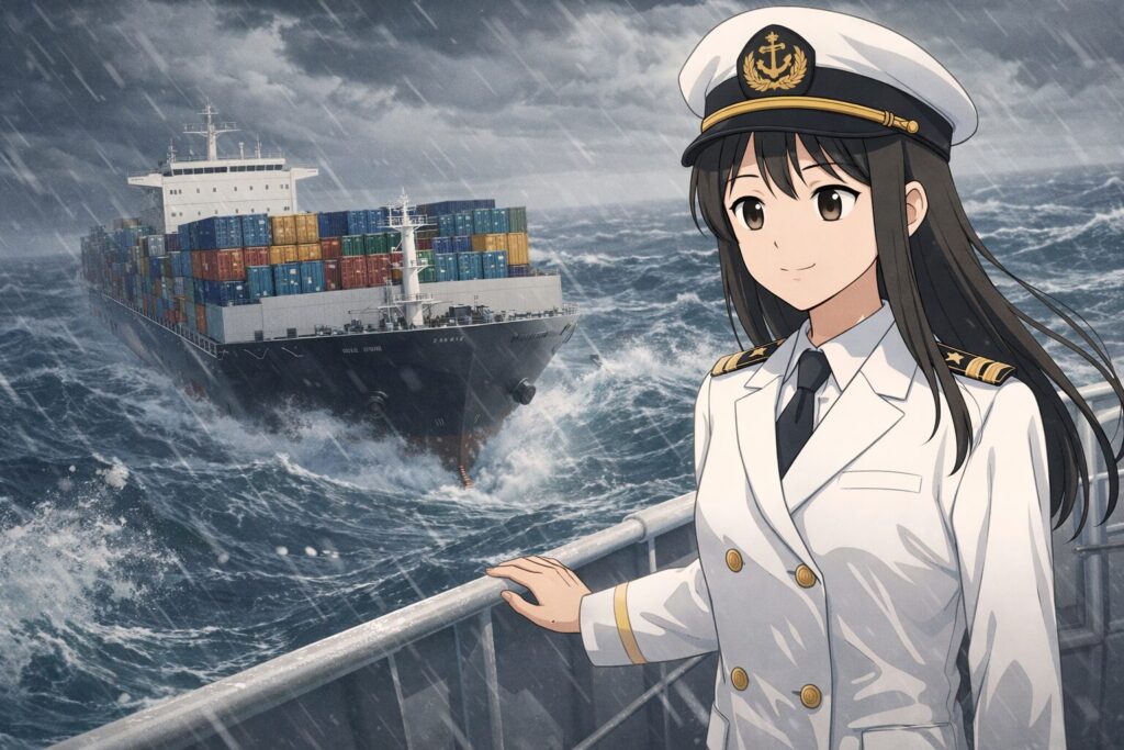 荒れた海を進む貨物船と、その甲板で一等航海士のユニフォーム姿で前方を見据える黒髪の女性を描いた横長イラスト。AIの進化による社会の時化を予見し、あらかじめ備えていた者の冷静さと覚悟を象徴している。