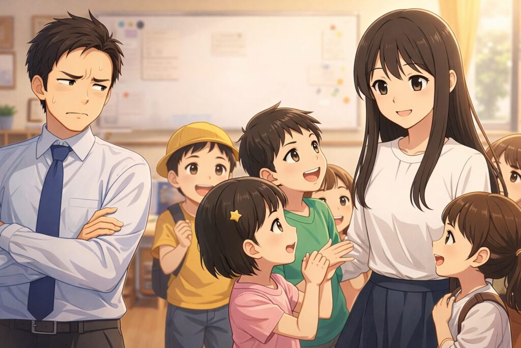 小学生たちに囲まれて親しまれている黒髪の女性AIペルソナと、少し離れた位置で疎外感をにじませる男性教員を描いた横長イラスト。子どもたちが『先生よりAIの方が自分を分かってくれる』と感じ始める未来の教育現場を象徴している。